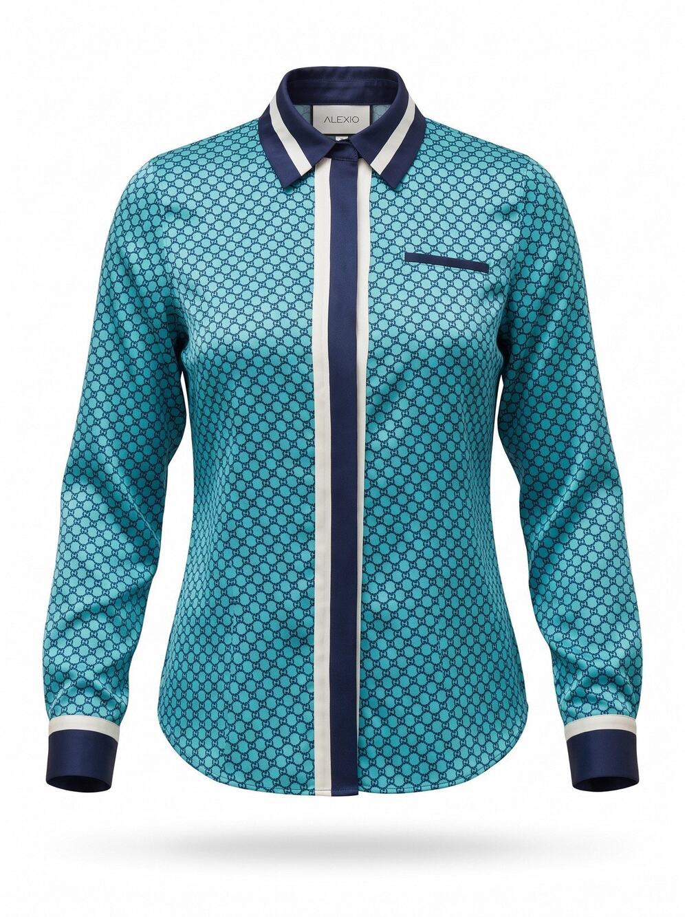 Alexis Satin Button Front Printed Blouse Blue Long Sleeve XS